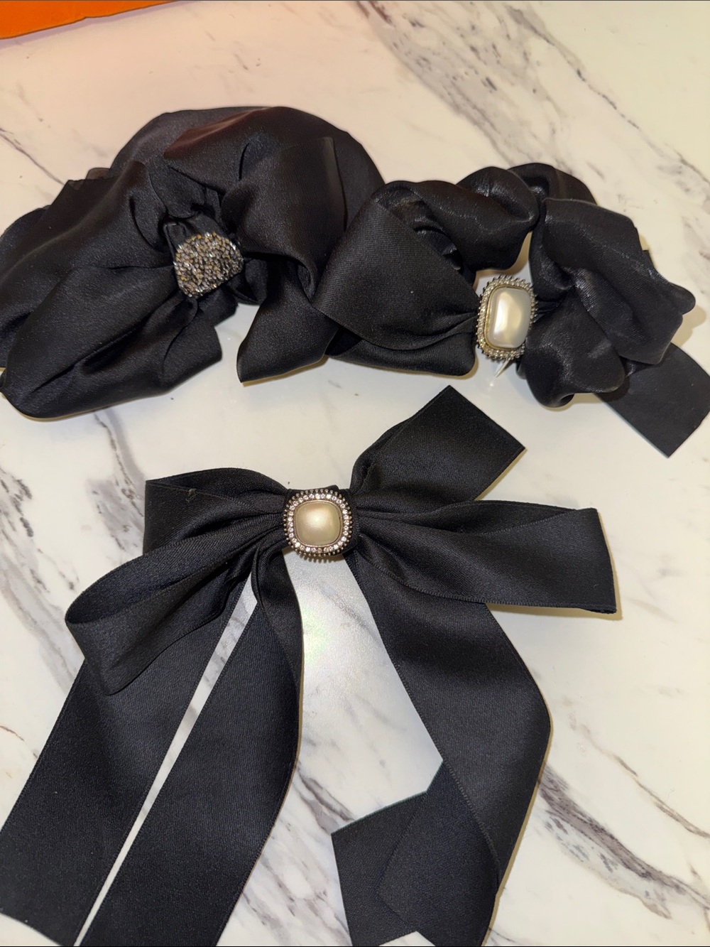 Black Satin Bow Hair Accessory with Pearl Accent